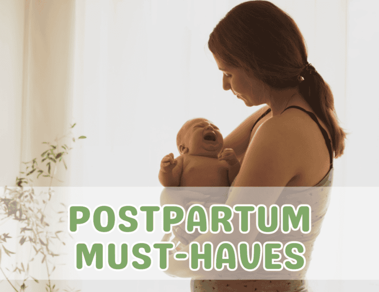 Collection of postpartum essentials for a vaginal delivery, including pads, peri bottle, and comfortable clothing for recovery.