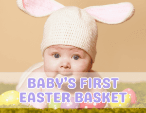 Baby surrounded by colorful Easter eggs, celebrating their first Easter with a sweet and festive basket.