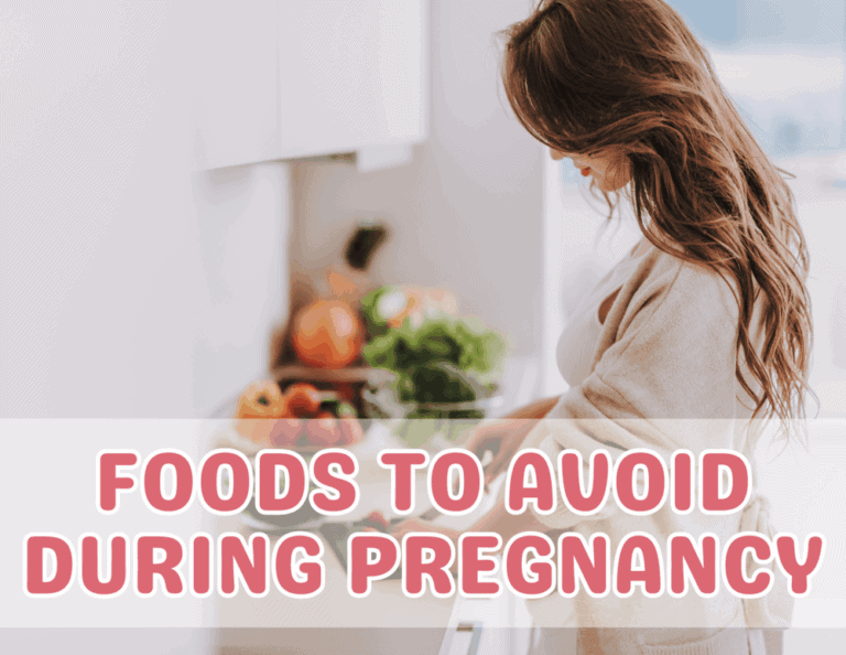 Pregnant woman standing in a kitchen preparing food, with fresh ingredients on the counter and a text overlay about foods to avoid during pregnancy.