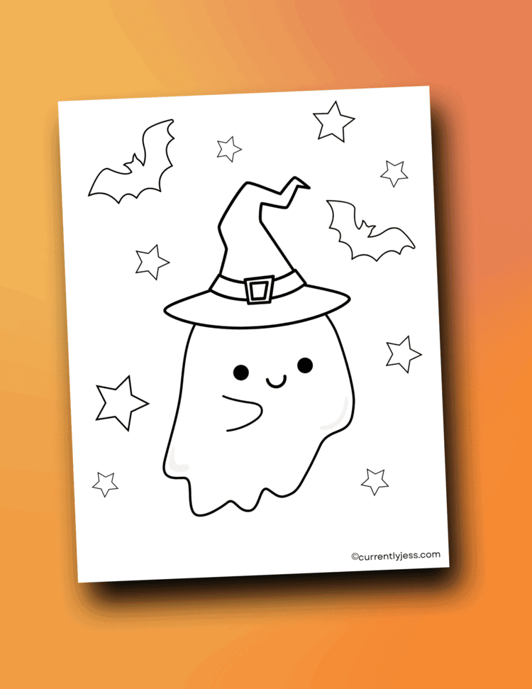 Free printable Halloween coloring page with a cute smiling ghost, designed for toddlers and preschoolers to color.
