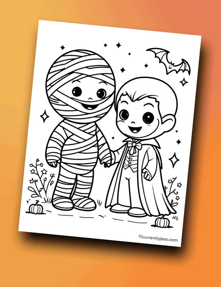 Friendly mummy and vampire characters on a Halloween coloring page for kids, easy to print and color.
