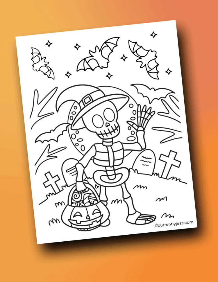 Kid-friendly Halloween coloring sheet featuring a happy skeleton with simple lines, perfect for young children.