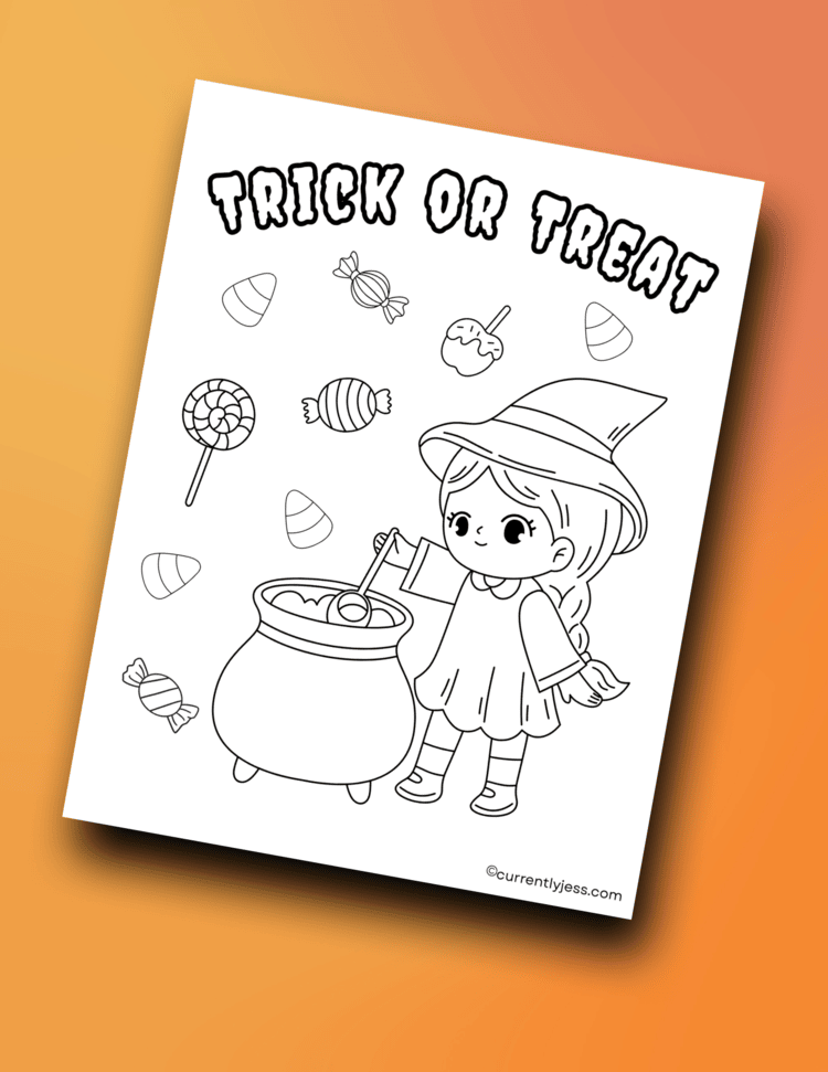 Halloween coloring sheet showing a cute witch with a cauldron and candy, designed for preschool-aged kids.