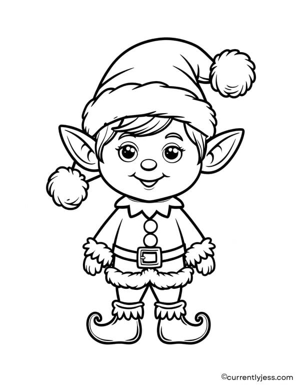 Cute elf Christmas coloring page with bold outlines, great for toddlers, preschoolers, and early elementary.
