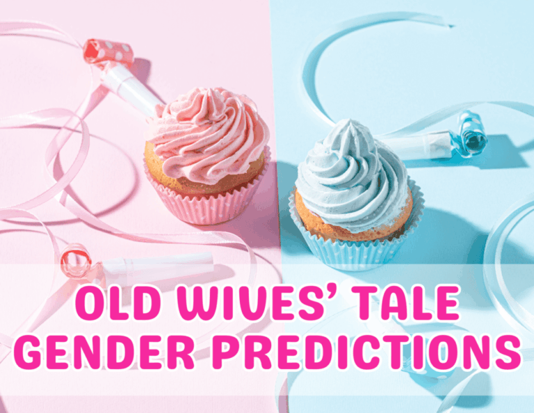 Gender reveal cupcakes with blog post title overlay about old wives’ tales for predicting baby’s gender