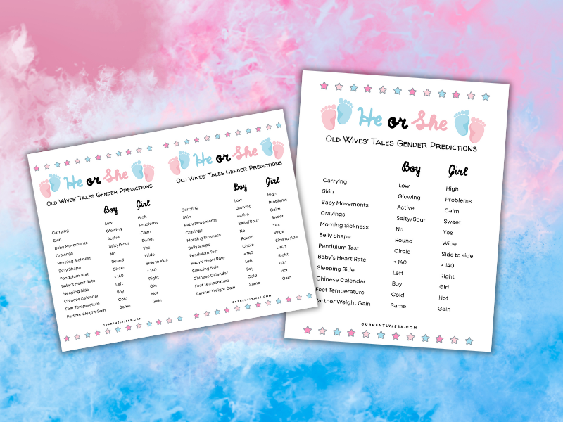 Image of two separate printable options for old wives tales to predict the gender to be used for a gender reveal party.