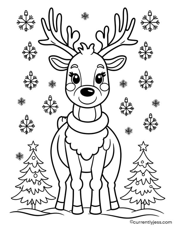 Christmas coloring page with a simple reindeer design, perfect for toddlers and preschoolers.