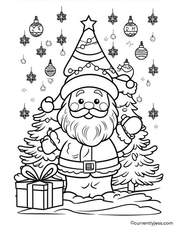 Christmas coloring page showing Santa with a Christmas tree, ideal for preschool and kindergarten kids.