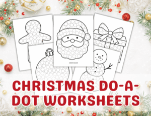 Preview of Christmas Do-a-Dot printable pages displayed with a cozy holiday background, showing fun designs for toddlers and preschoolers.