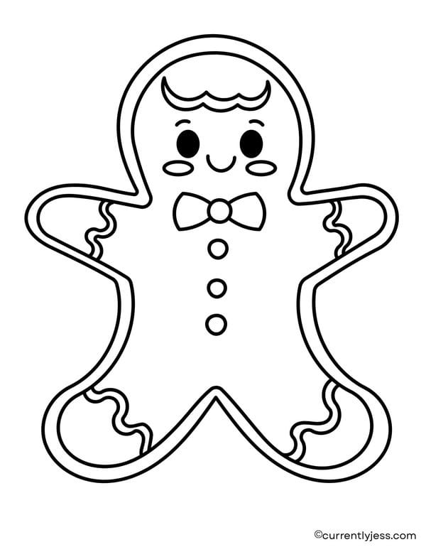 Easy gingerbread man Christmas coloring page for toddlers and early elementary children to color and enjoy.