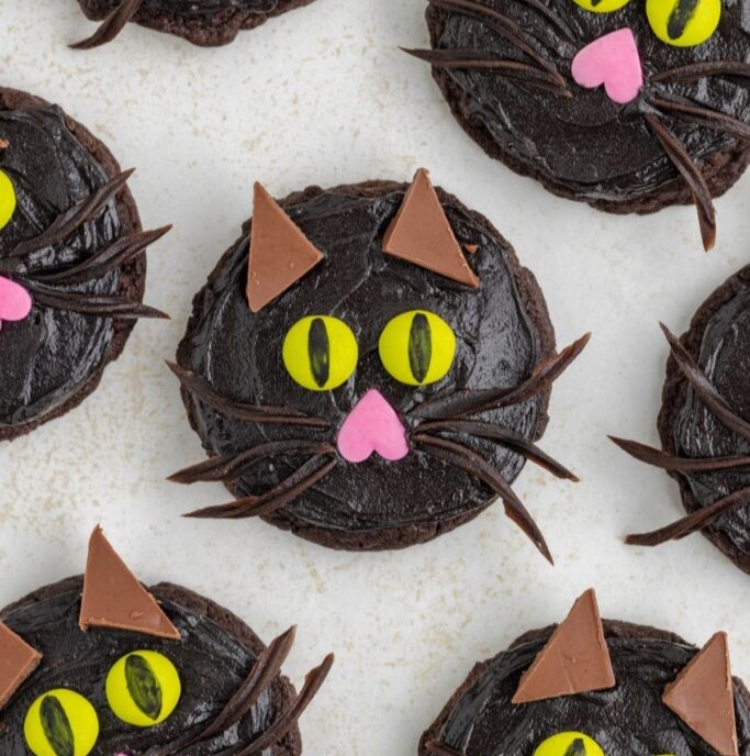 Black cat Halloween cookies decorated with candy eyes and chocolate features for a spooky homemade treat.