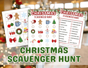 Cover photo showing the Christmas scavenger hunt printable on a wooden table, surrounded by holiday decorations like pine branches, ornaments, candy canes, and string lights for a festive, cozy look.