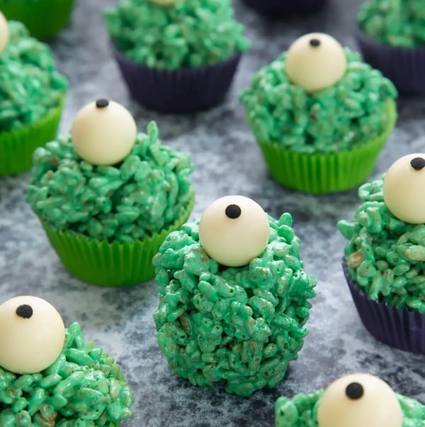 Halloween dessert of Crispy cakes eye balls decorated rice krispie treats