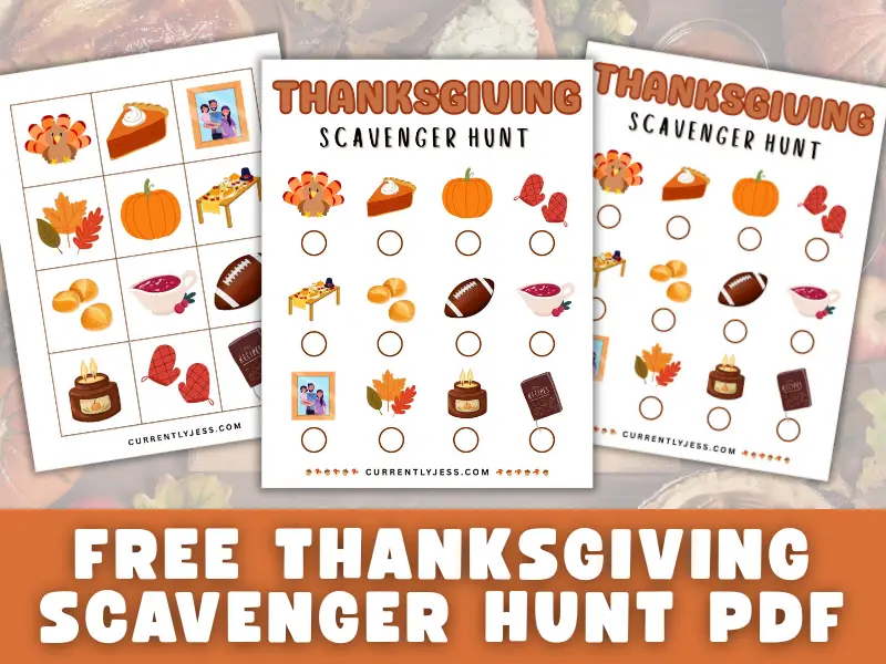 Set of three free Thanksgiving scavenger hunt activities to keep kids busy during the holiday.