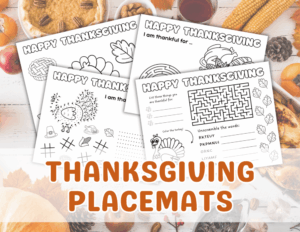 Cover image showing all four printable Thanksgiving placemat designs with a mix of coloring sections and activity pages for kids.