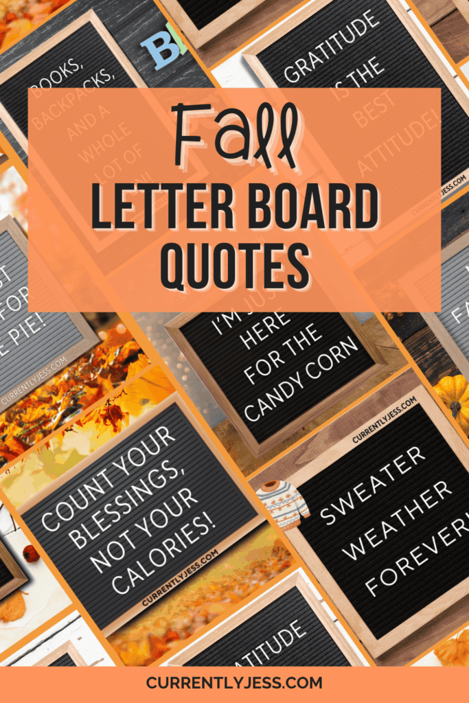 Pinterest graphic for fall letter board quotes, featuring a collage of example autumn-themed quotes on letter boards