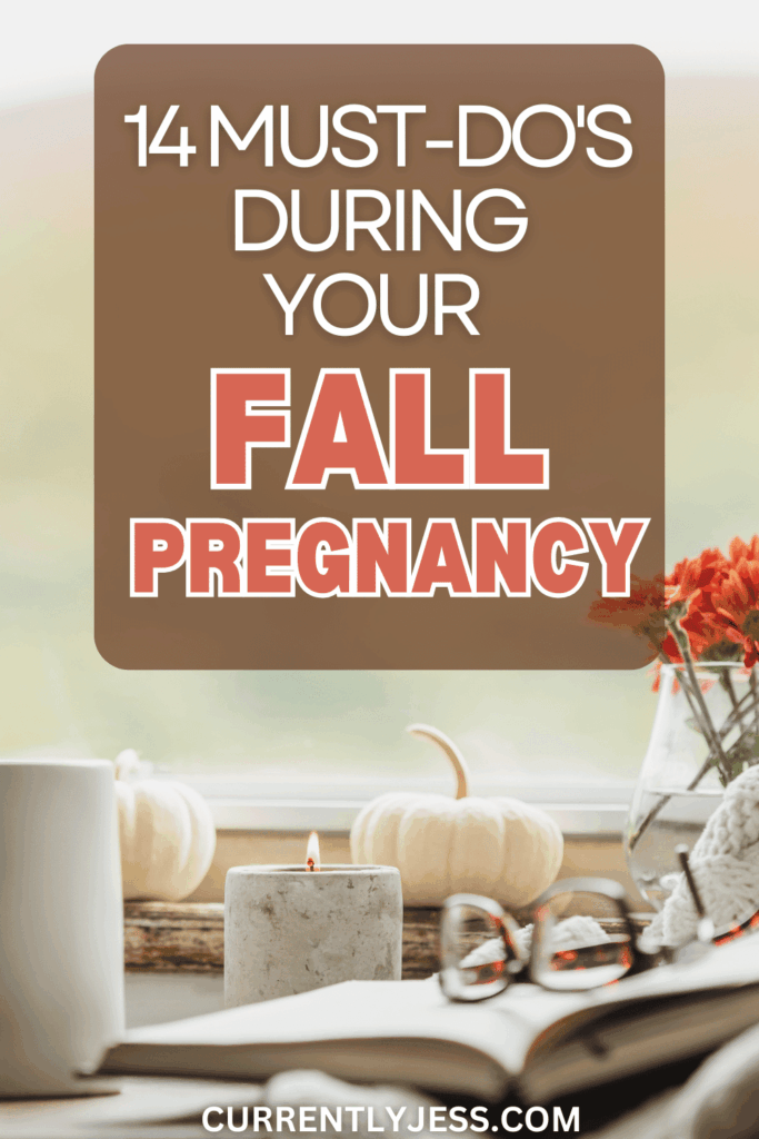 Pinterest graphic for 14 fun activities to do during a fall pregnancy, styled with autumn leaves and cozy seasonal design