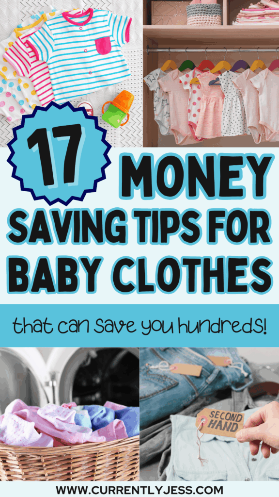Pinterest image for ways to save money on baby clothes featuring several items of baby clothing