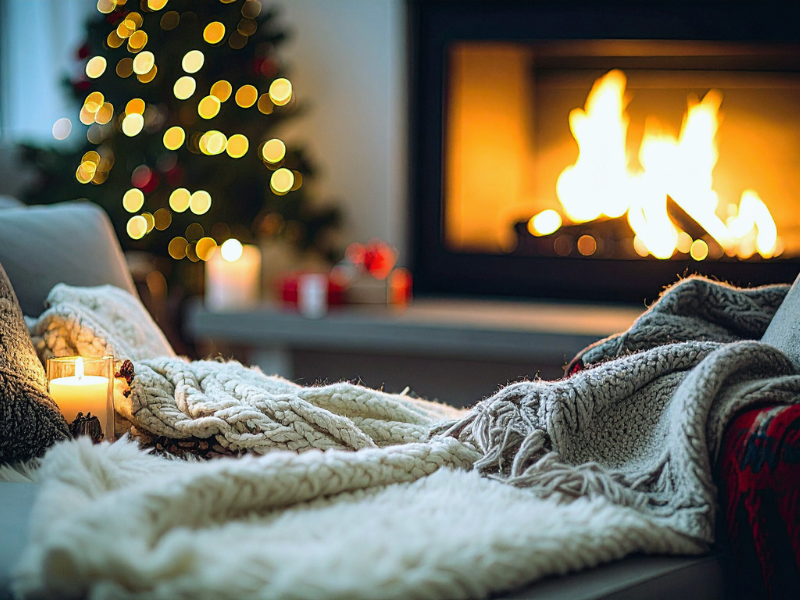 Blankets set up by the Christmas tree to enjoy breakfast as a tradition for Christmas morning.