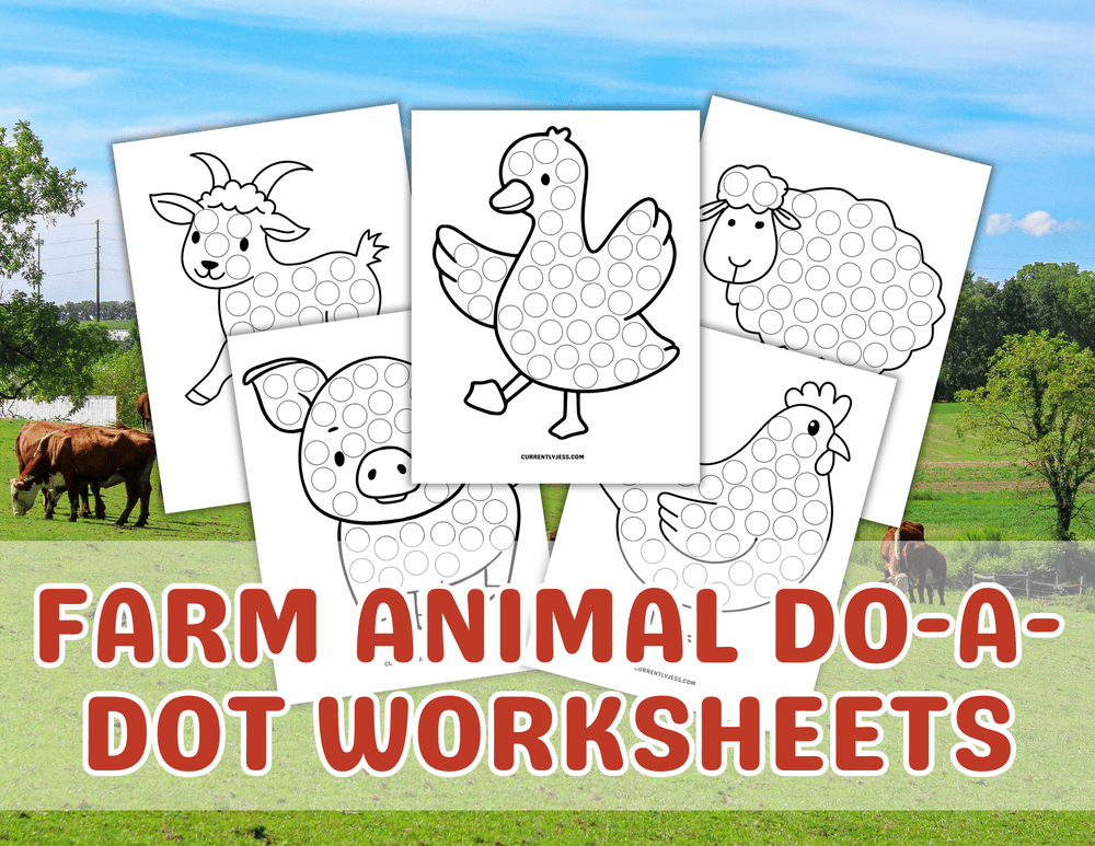 Printable farm animal dot marker coloring pages displayed on a farm-themed background, featuring cute animals designed for toddlers and preschoolers.