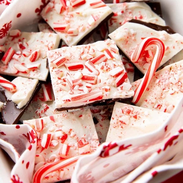 Peppermint bark with layers of dark and white chocolate topped with crushed candy canes, an easy no-bake Christmas candy.