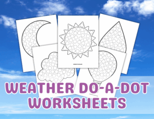 Preview of weather dot marker printable pages showing five designs, including sun, clouds, rain, and wind activities for kids.