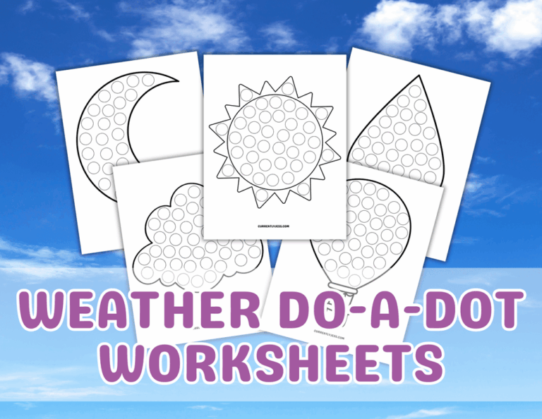 Preview of weather dot marker printable pages showing five designs, including sun, clouds, rain, and wind activities for kids.