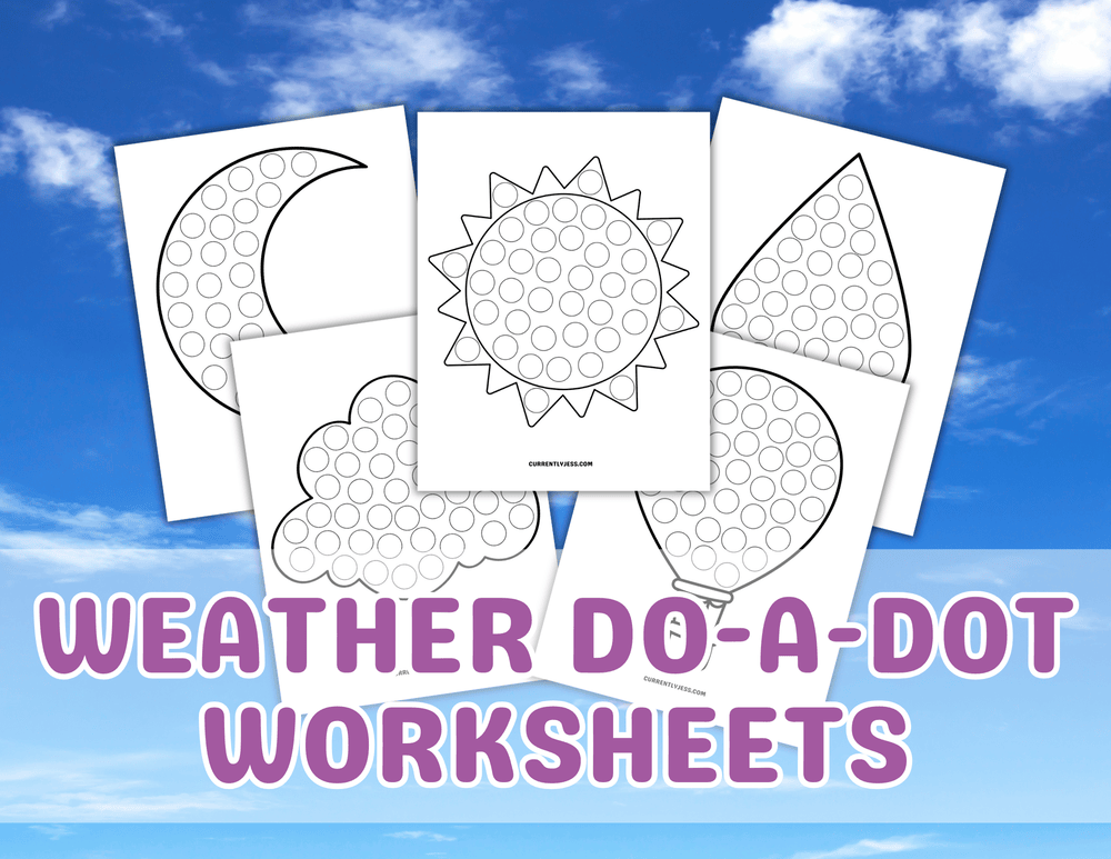 Preview of weather dot marker printable pages showing five designs, including sun, clouds, rain, and wind activities for kids.