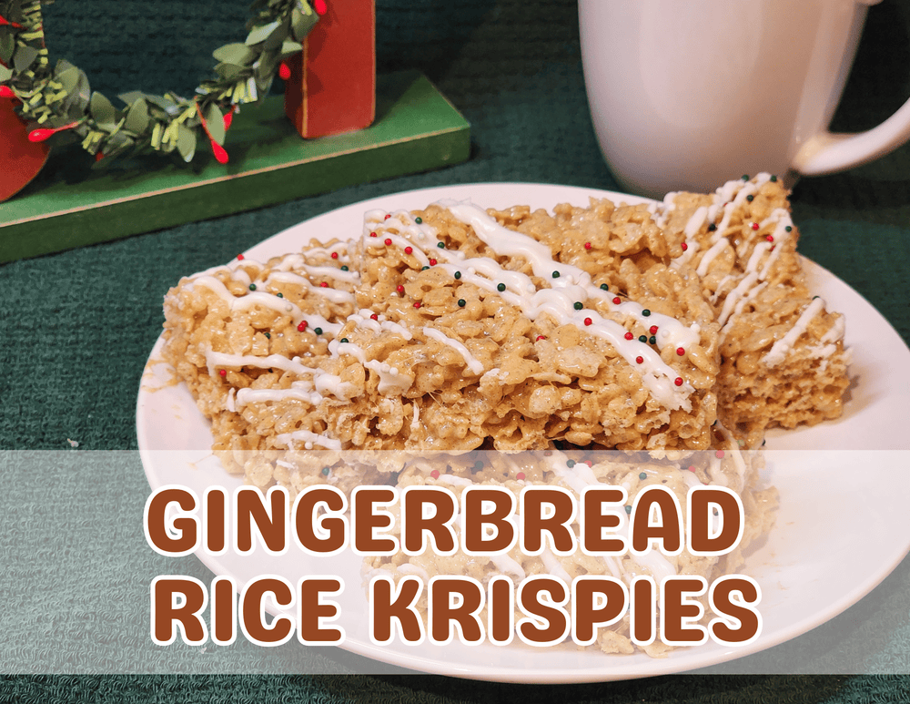 Gingerbread rice krispie treats on a holiday background with a glass of milk